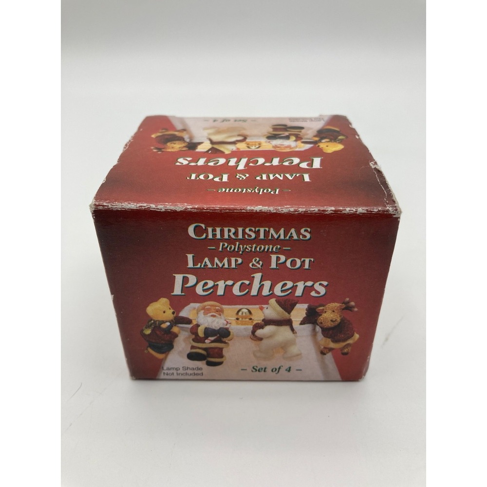 Vintage Christmas Polystone Lamp & Pot Perchers Set of 4 Santa Snowman Boxed